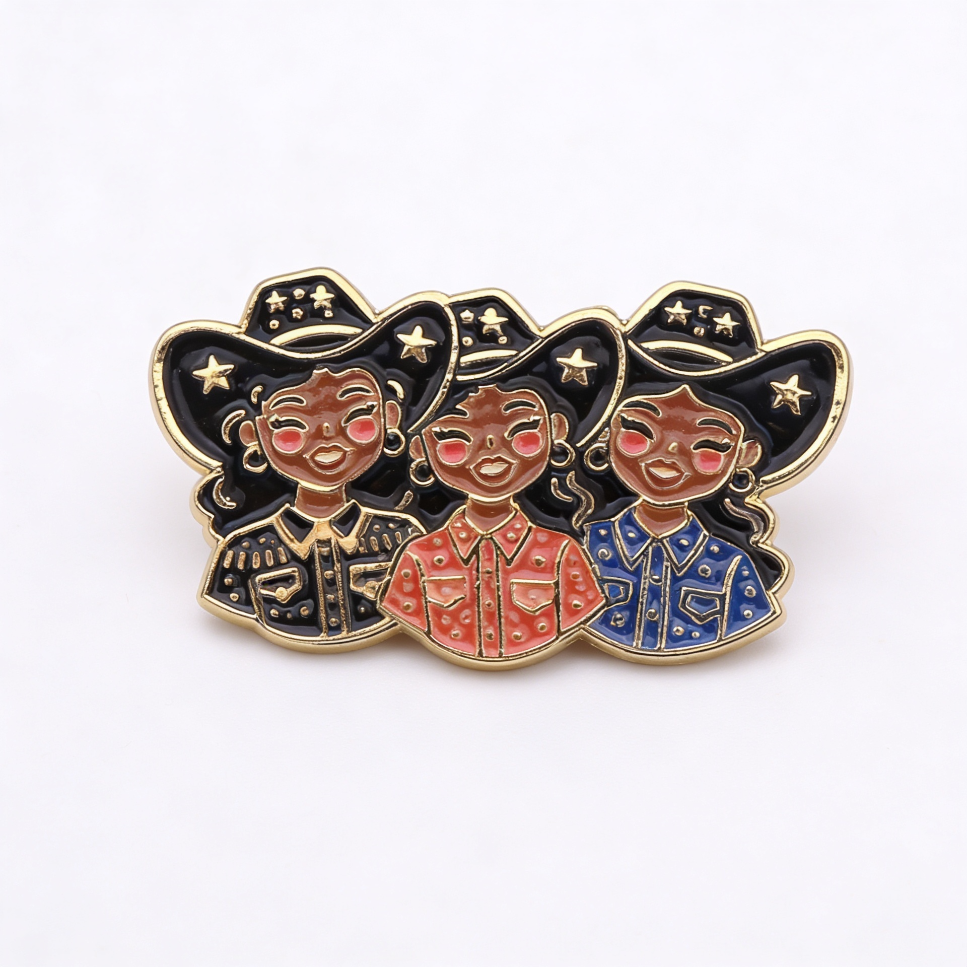 Enamel pin with 3 Black cowgirls wearing cowboy hats on a white background