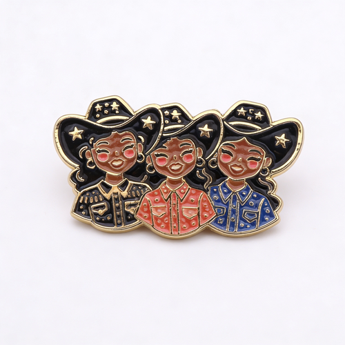Enamel pin with 3 Black cowgirls wearing cowboy hats on a white background