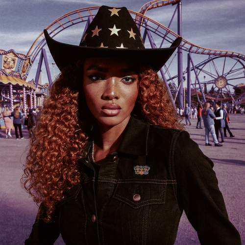 Black cowgirl wearing enamel pin in an amusement park 