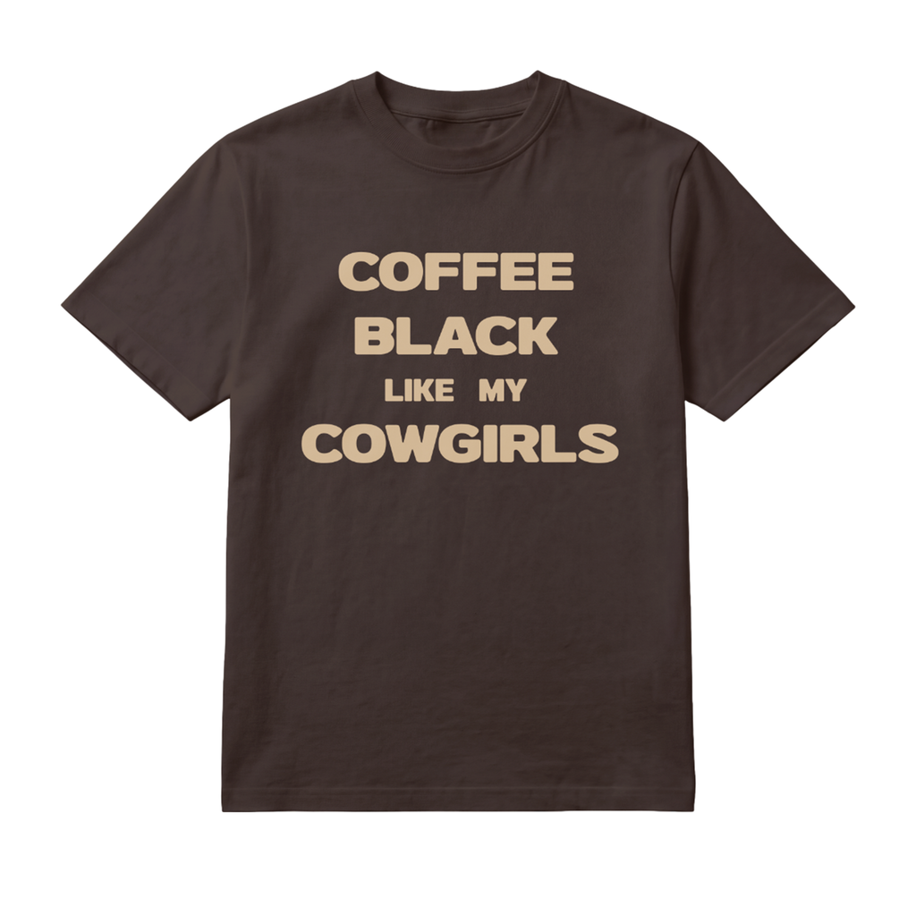 Black cowboy wearing Coffee Black Like My Cowgirls men's chocolate brown Western graphic T-shirt