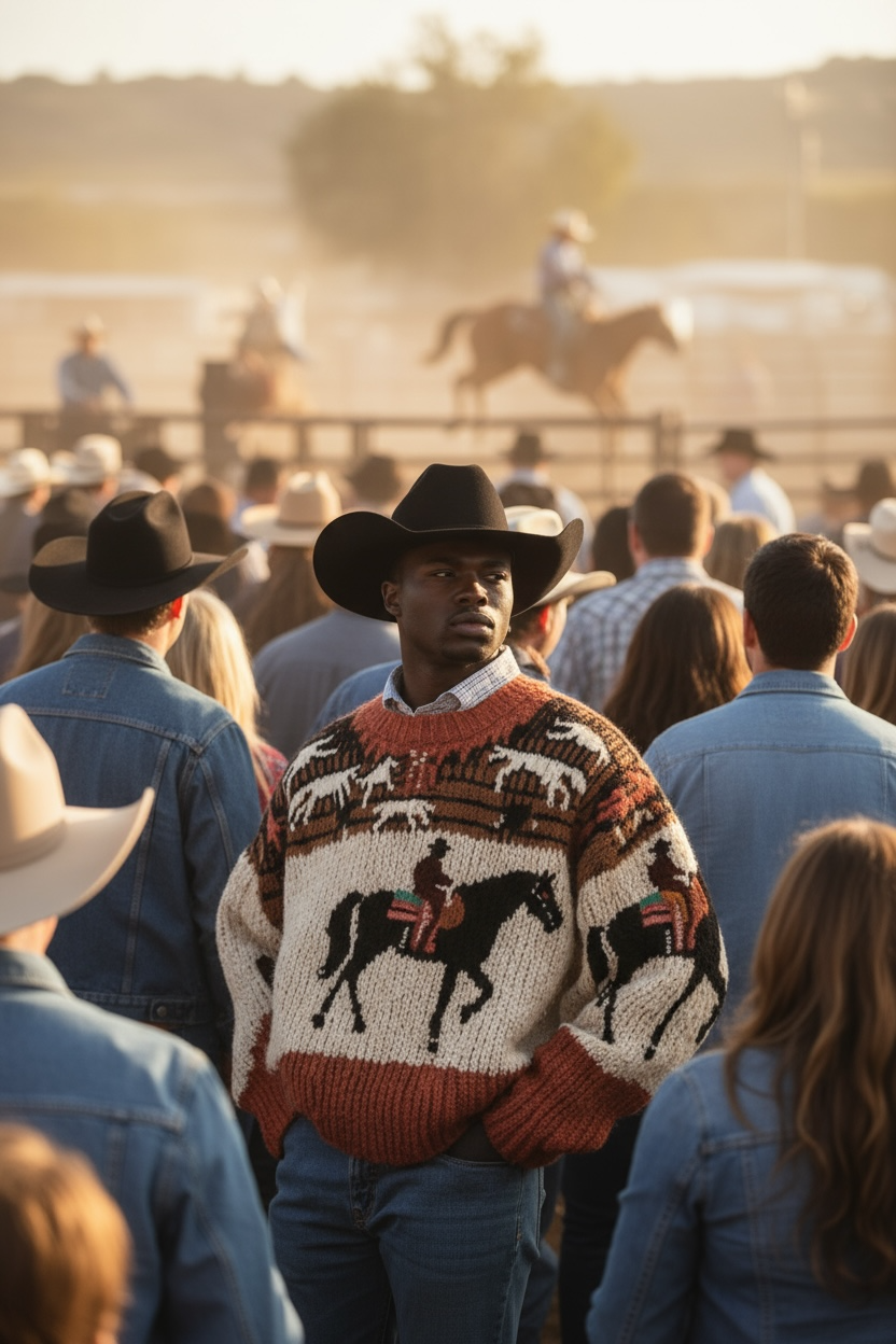 Man wearing a patterned sweater with a horse design at a rodeo event